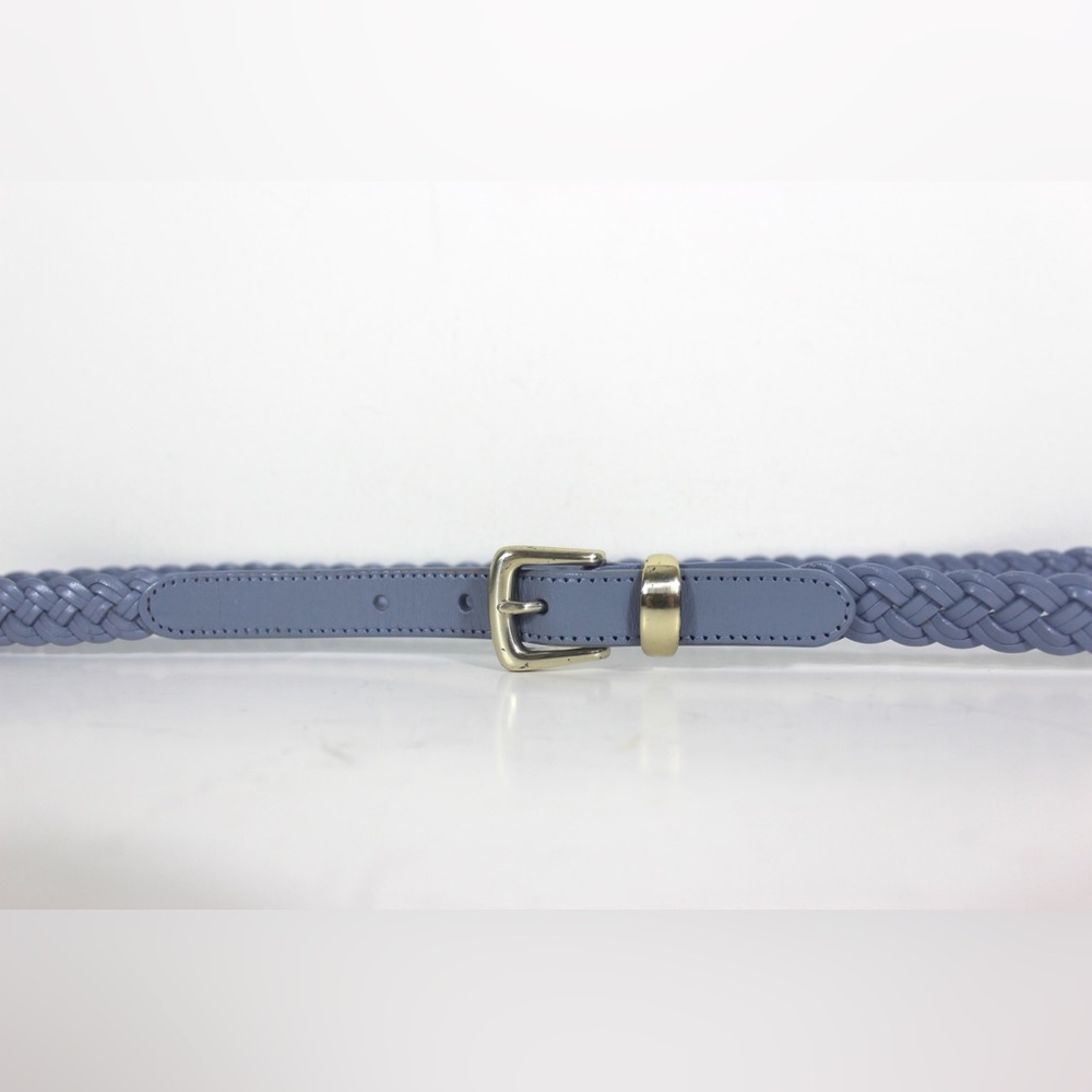 Vintage Periwinkle Blue Braided Woven Narrow Leather Belt with Gold Buckle